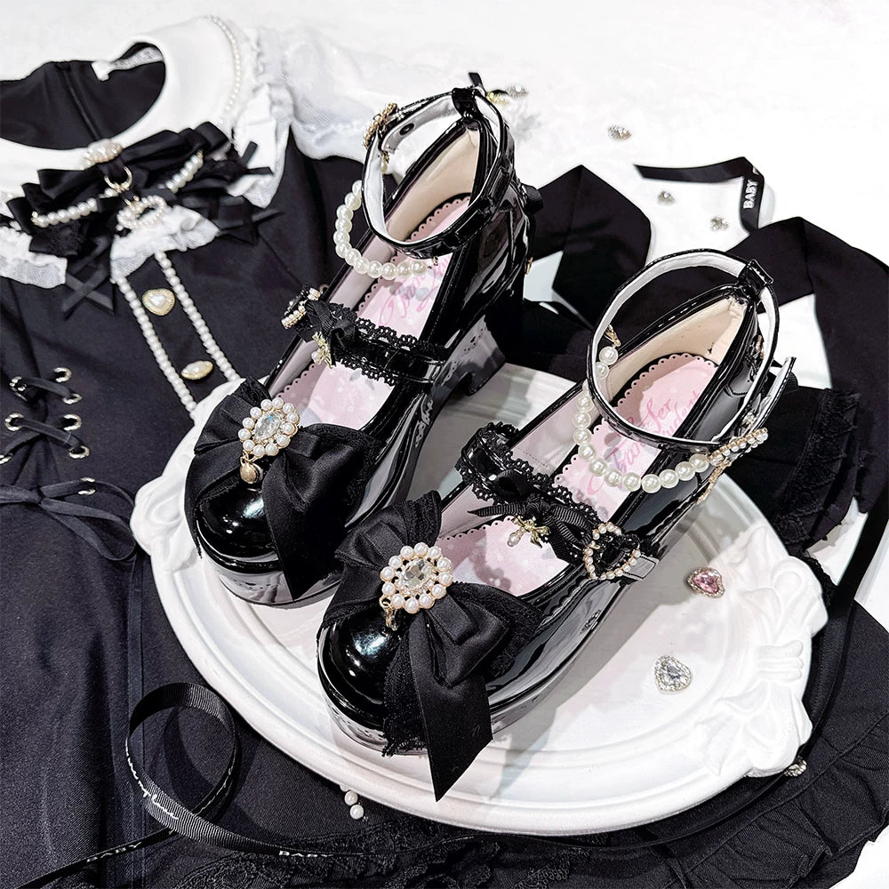 Jirai Kei Platform Shoes, Detachable Pearl-Like Chain (Black / 35 36 37 38 39 40 41) 44929:828524