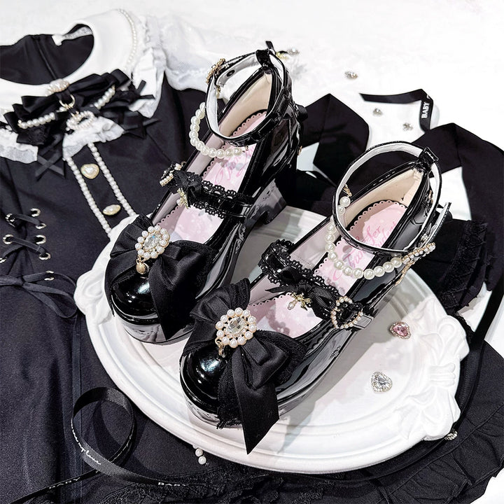 Jirai Kei Platform Shoes, Detachable Pearl-Like Chain (Black / 35 36 37 38 39 40 41) 44929:828524