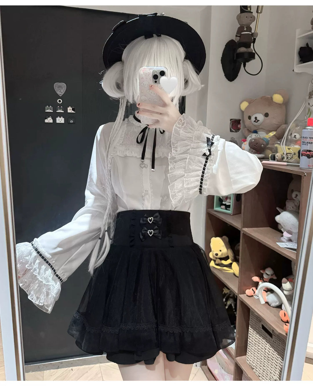 Jirai Kei Flared Sleeve Blouse, Double-Layered Skirt 45260:842949