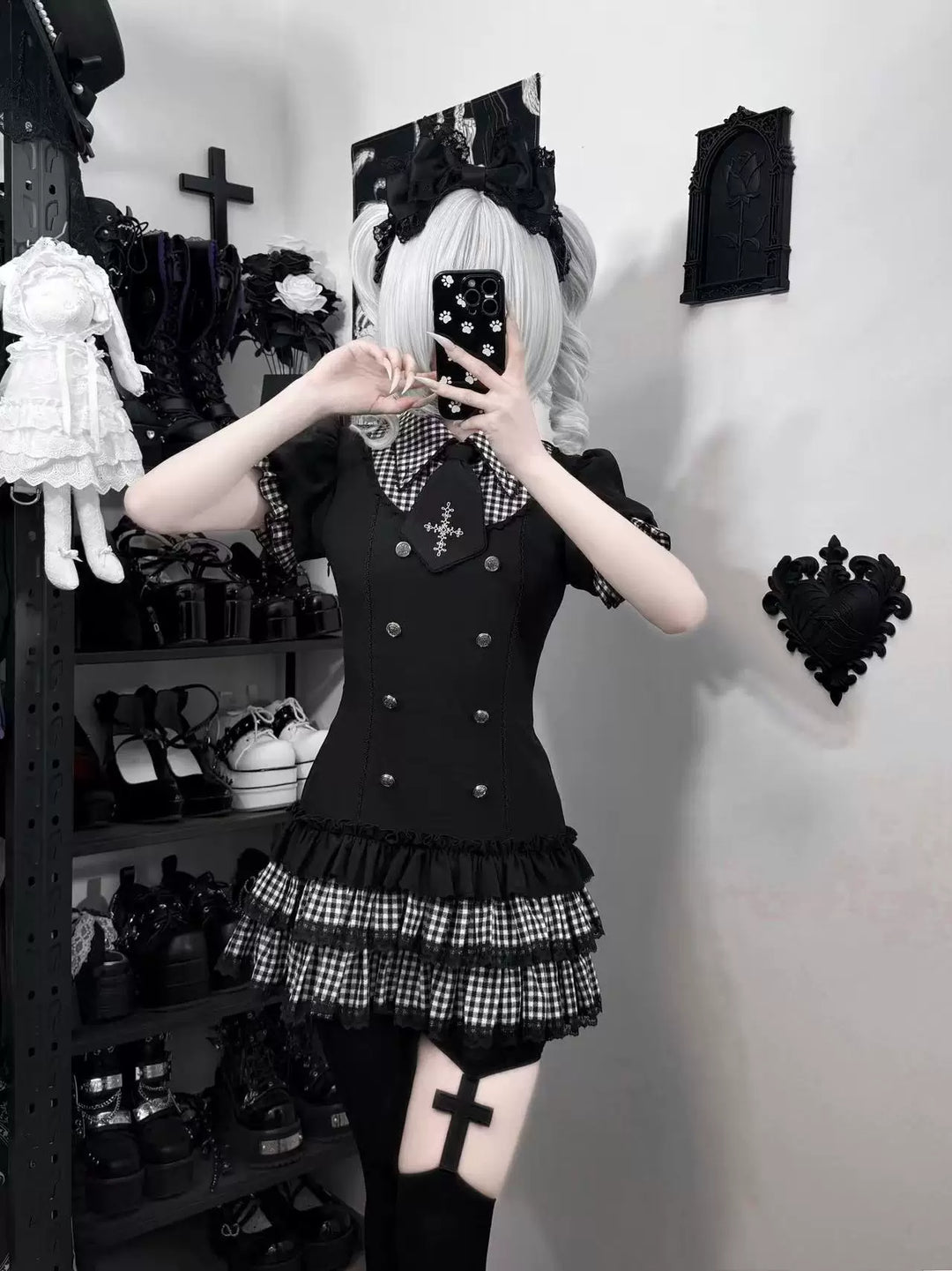 Low-Waist Jirai Kei Dress Set, Cross Embroidery 44780:826724