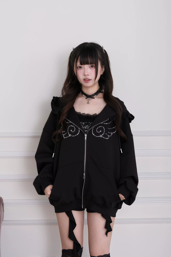 Sporty Hoodie Jacket 4-Piece Set, Hot-Fix Rhinestone (Black) 45857:865842