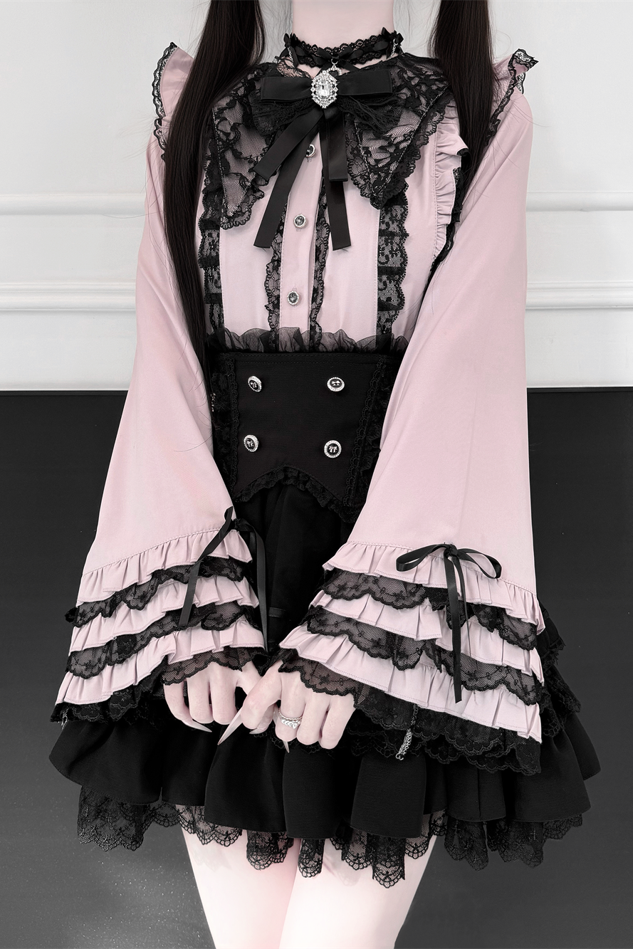 Jirai Kei Lace Blouse, High-Waist Tiered Skirt 44525:811434