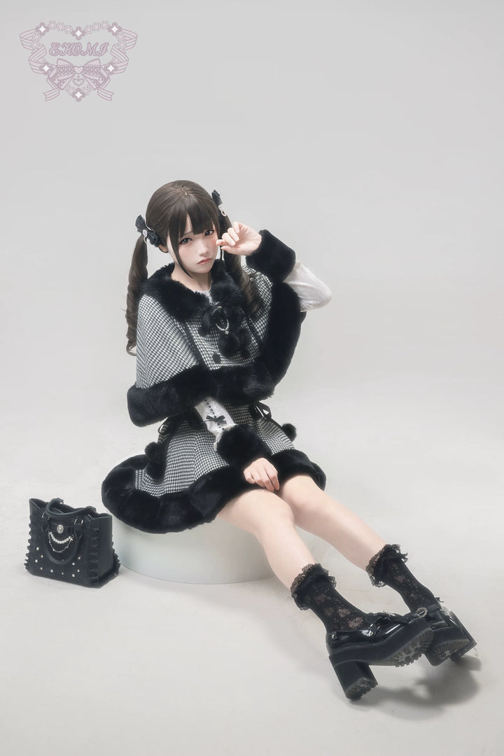 Houndstooth Jirai Kei Plush Cape, High-Waisted Skirt 44591:814676