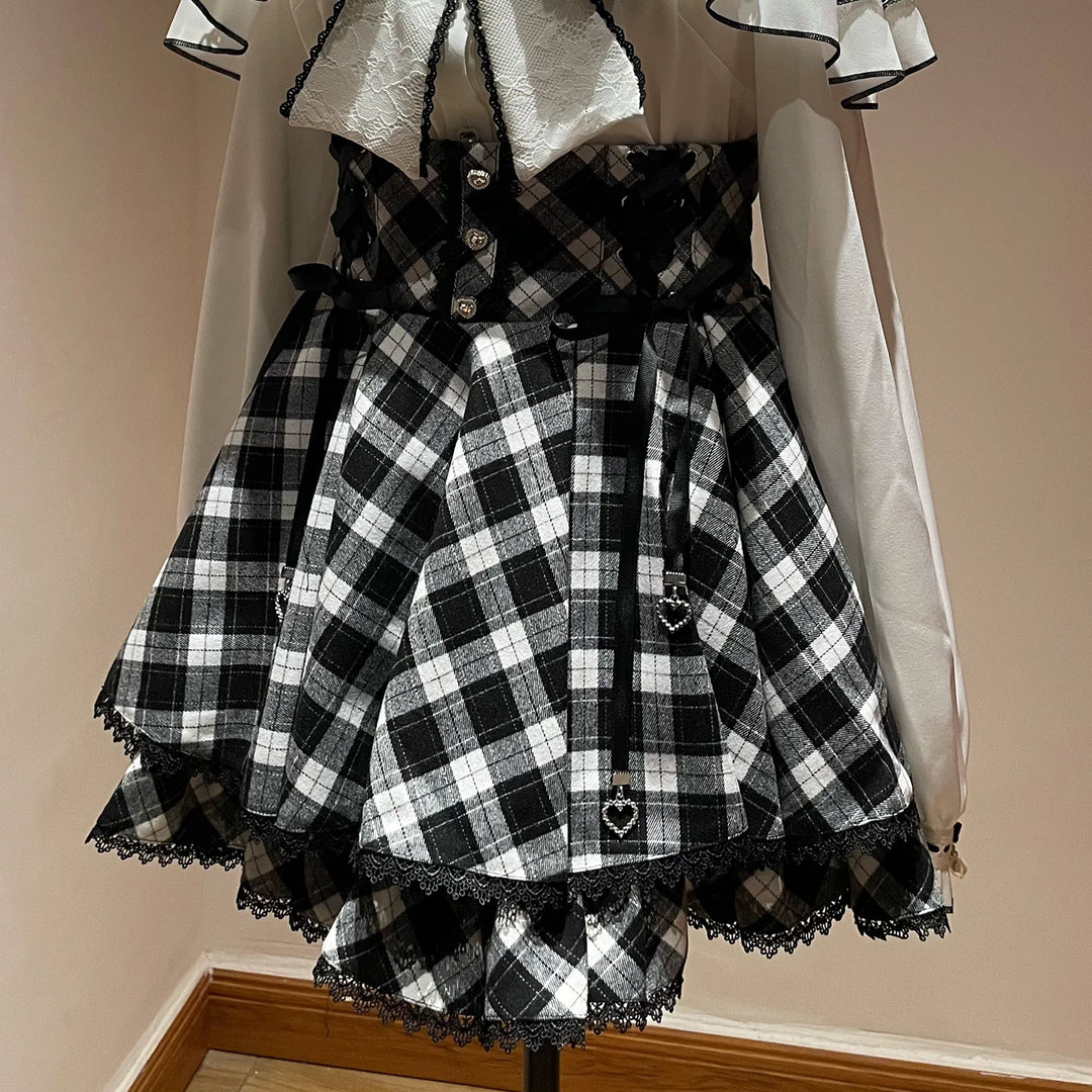 Jirai Kei Plaid Skirt, Ruffled Neckline Chiffon Blouse (2XL 3XL 4XL L M S XL) 45935:868697