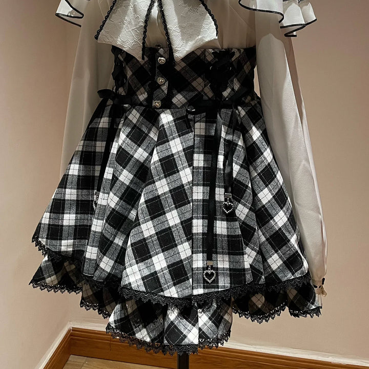 Jirai Kei Plaid Skirt, Ruffled Neckline Chiffon Blouse (2XL 3XL 4XL L M S XL) 45935:868697
