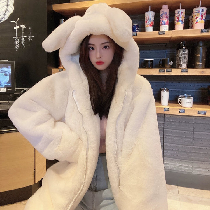 Jirai Kei Winter Coat Thick Fleece Hooded With Cute Bunny Ears 32468:386312