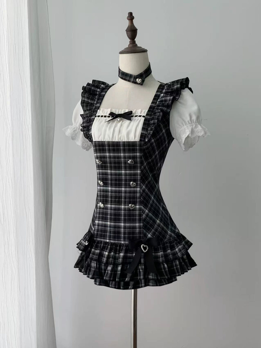Jirai Kei Black Plaid Dress Set, Heart-Shaped Rhinestone (L M S) 45004:834490