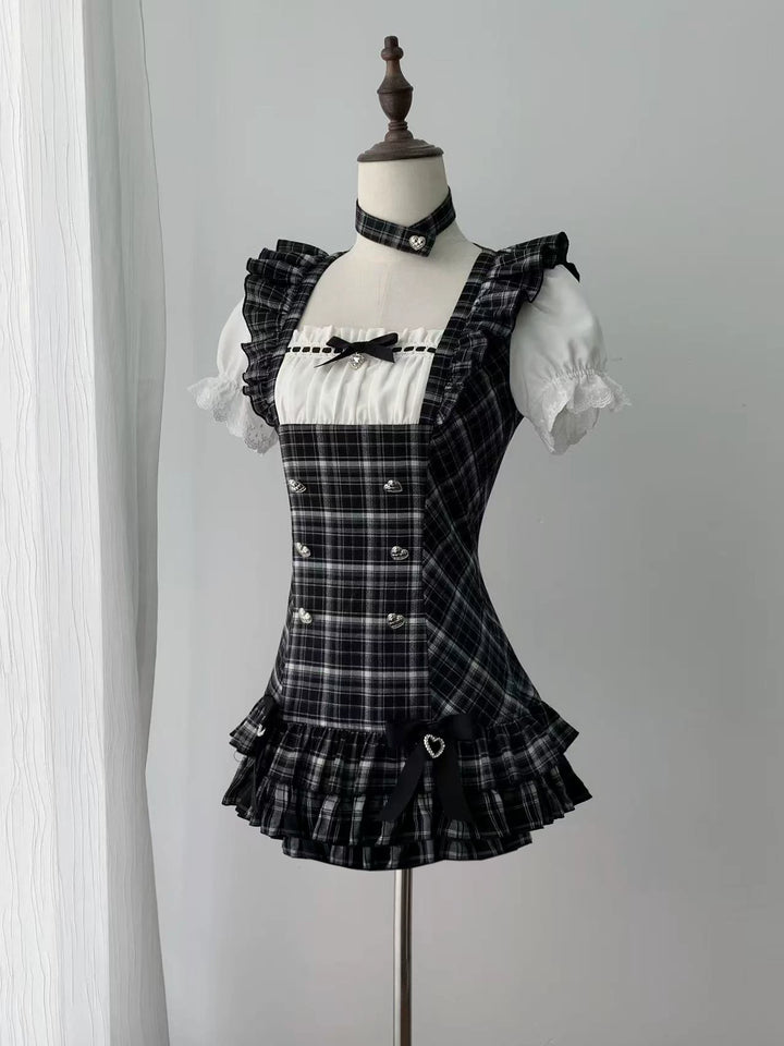 Jirai Kei Black Plaid Dress Set, Heart-Shaped Rhinestone (L M S) 45004:834490