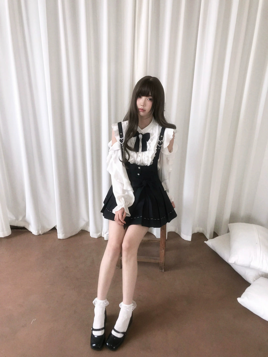 Jirai Kei Suspender Skirt, Open-Shoulder Shirt 45100:835037