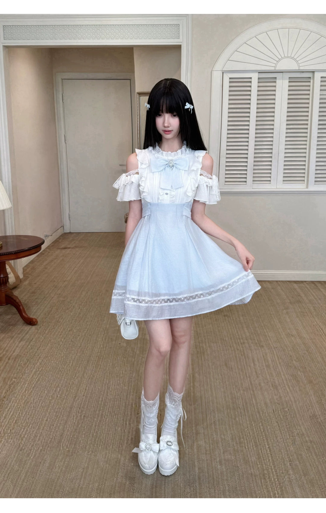 Seiso Kei Open Shoulder Dress, Blue & White Color Spliced 45752:861378