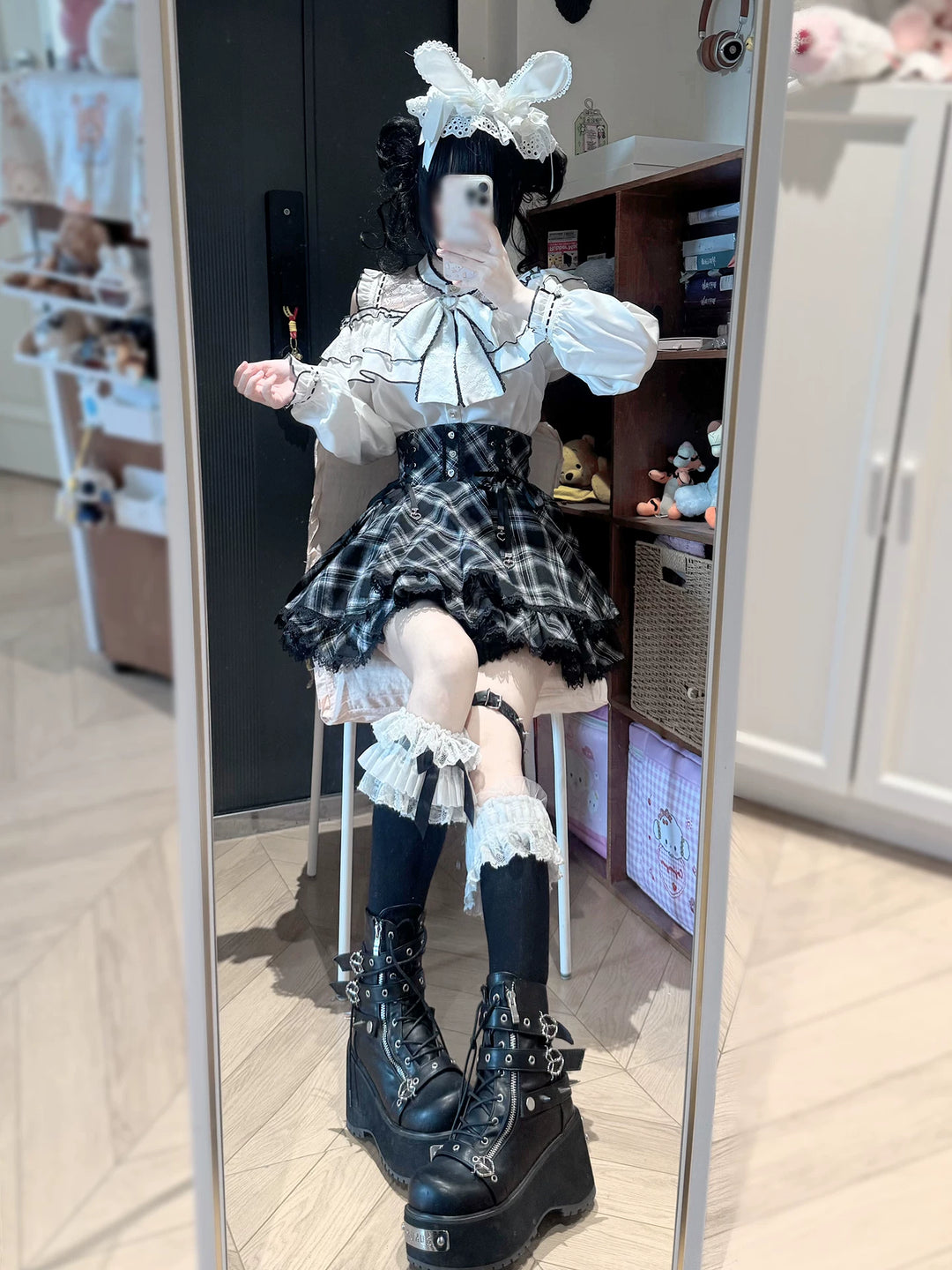Jirai Kei Plaid Skirt, Ruffled Neckline Chiffon Blouse 45935:868695