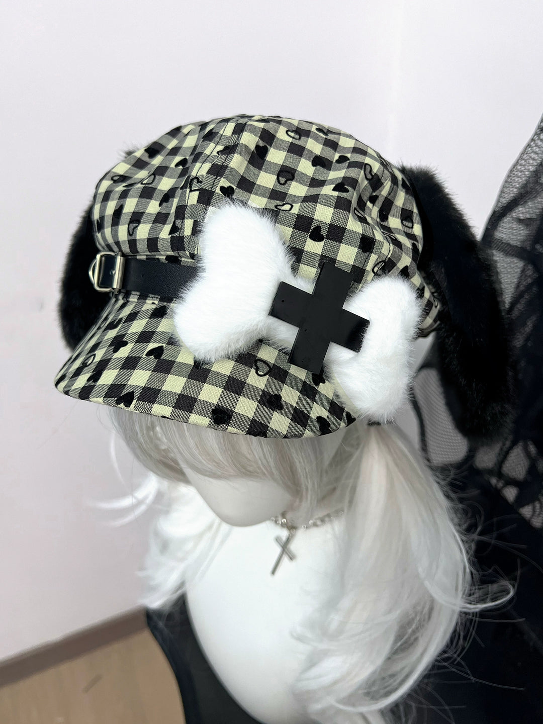 Subculture Beret Kawaii Puppy Ear Bone Plaid Hat 40952:696778