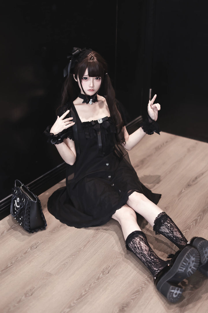 Jirai Kei Tulle Overlay Dress, Square Neckline 45558:855530
