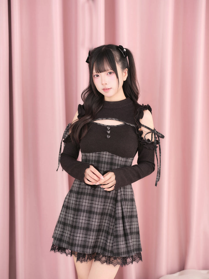 Jirai Kei Open Shoulder Plaid Dress, Chest Cutout 45957:869821