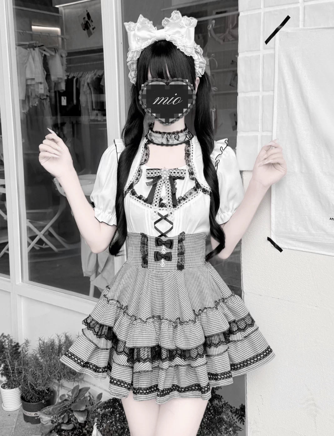 Jirai Kei Heart Lace Collar Blouse, High-waisted Tiered Skirt (L M XL) 45726:862566