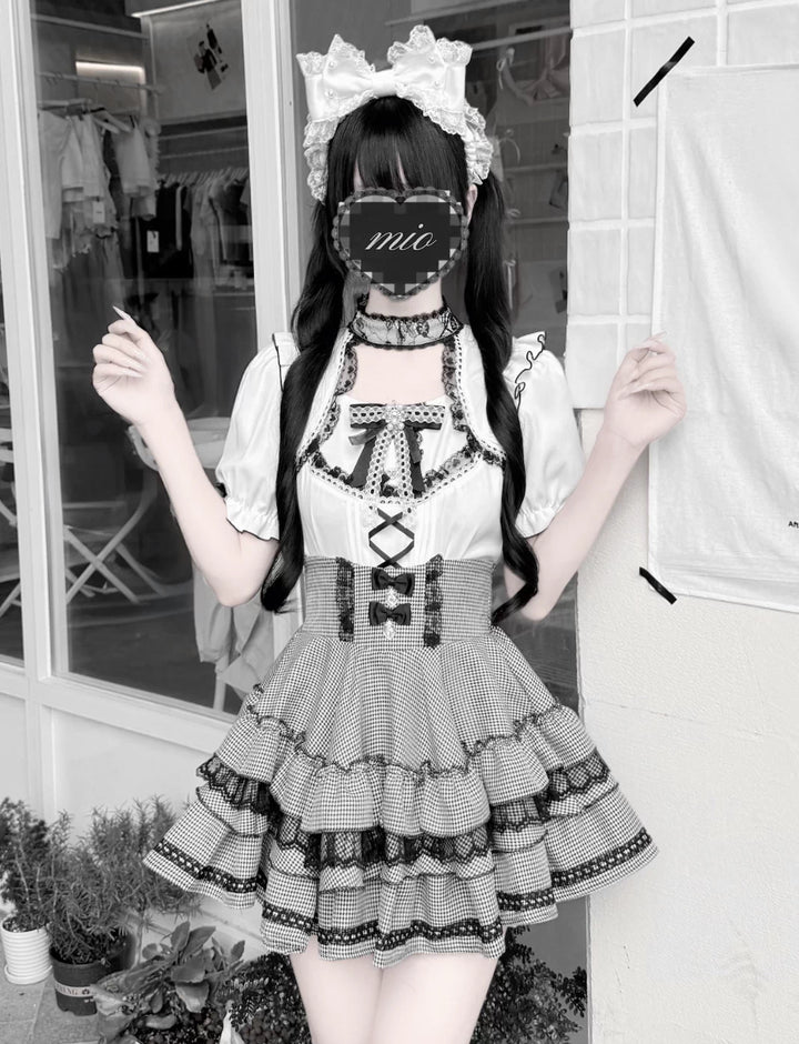 Jirai Kei Heart Lace Collar Blouse, High-waisted Tiered Skirt (L M XL) 45726:862566