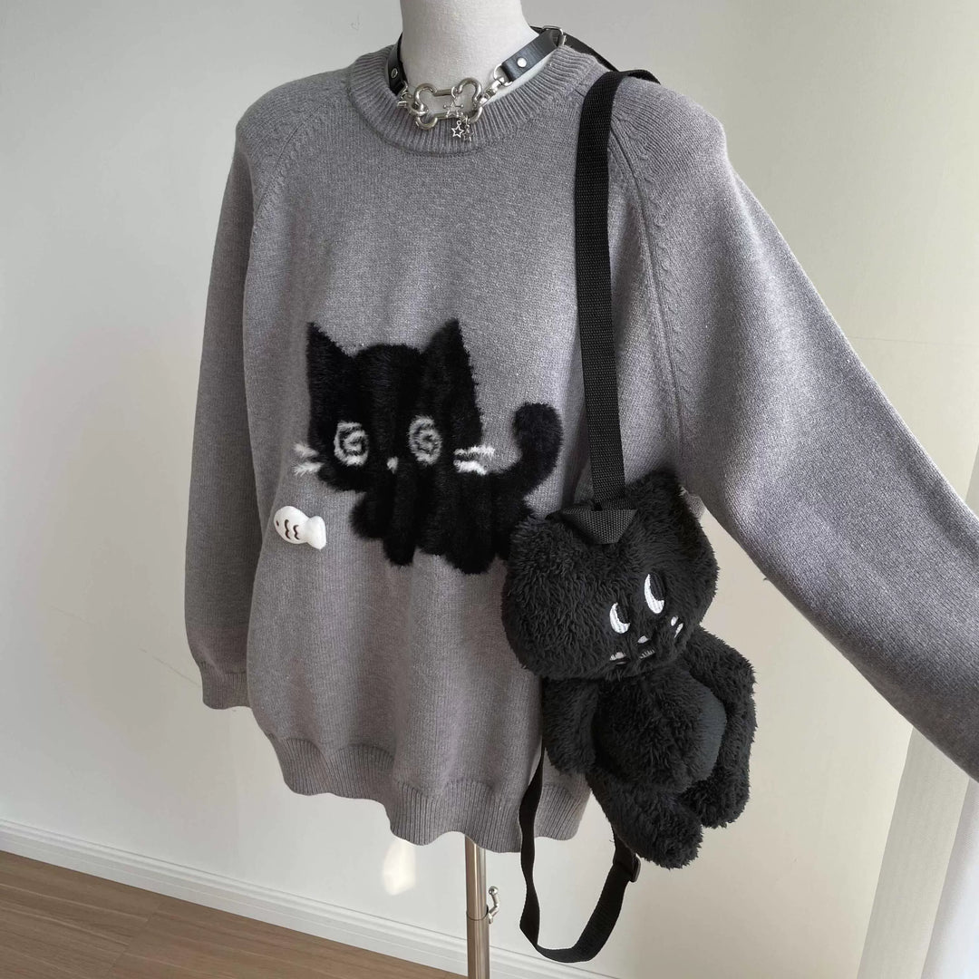 Kawaii Sweater Imitated Mink Cat Embroidery Top 39756:646236