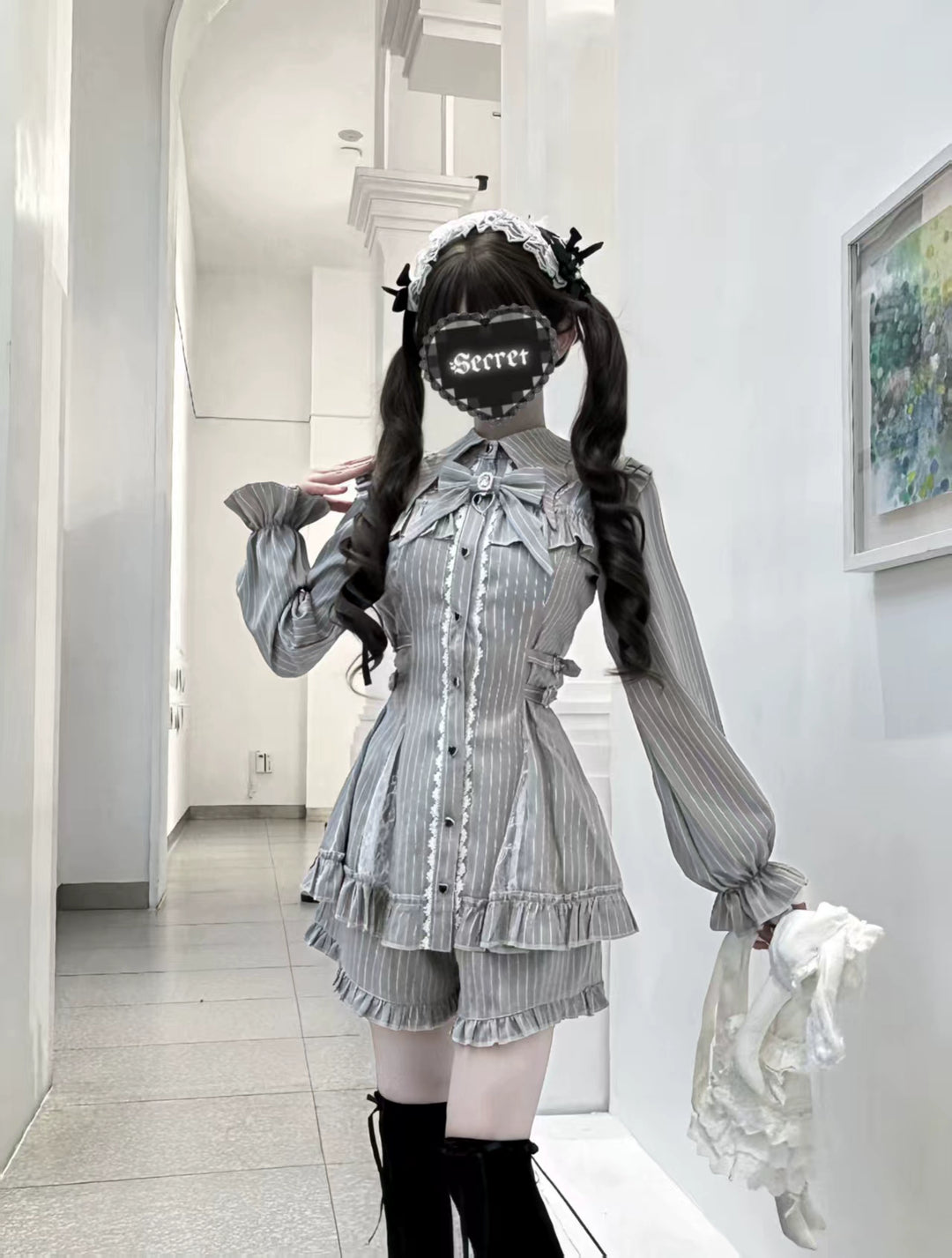 Striped Jirai Kei Dress Set, Elastic-Waisted Shorts (L M S XL) 44295:805545