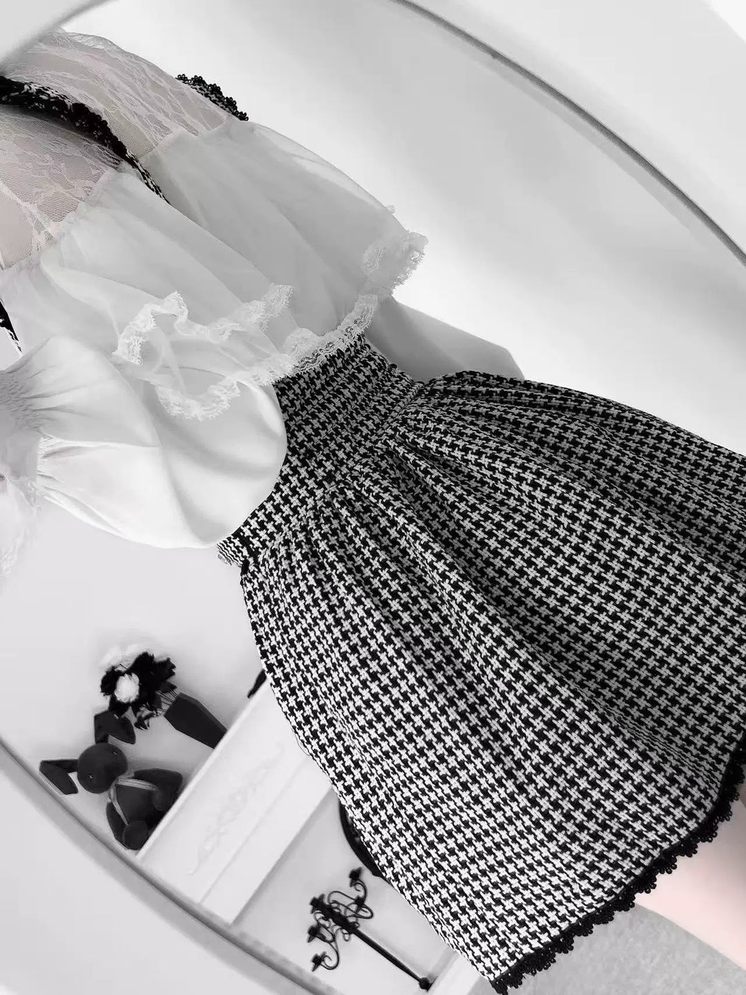 Jirai Kei Sheer Lace Shirt, Houndstooth Suspender Skirt 44894:827657