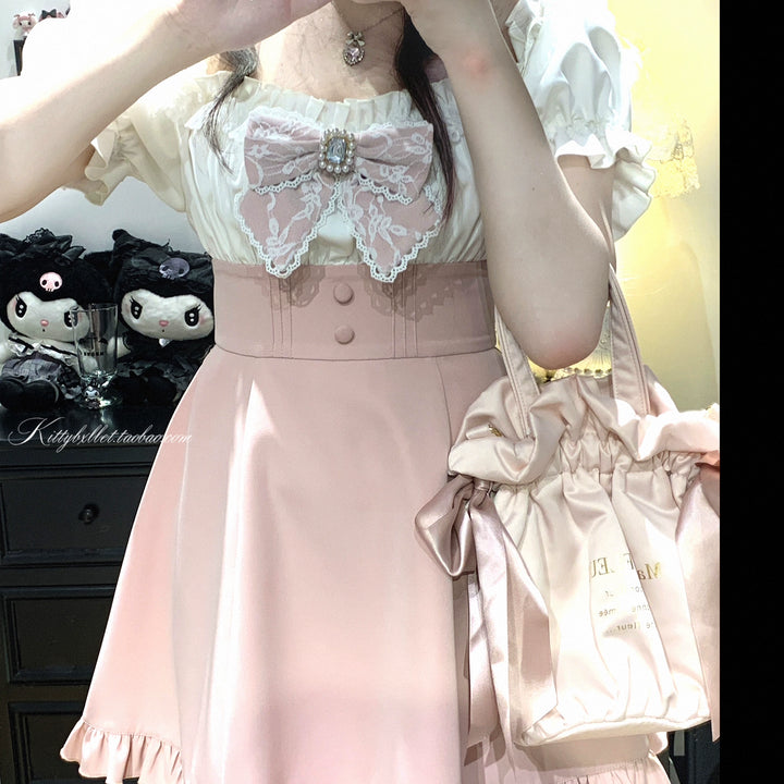Puff Sleeve Jirai Kei Dress with Lace Bow and Shorts 43072:764376