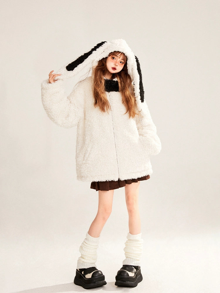 Kawaii White Coat Plush Rabbit Ear Hooded Coat 32398:423030 32398:423030