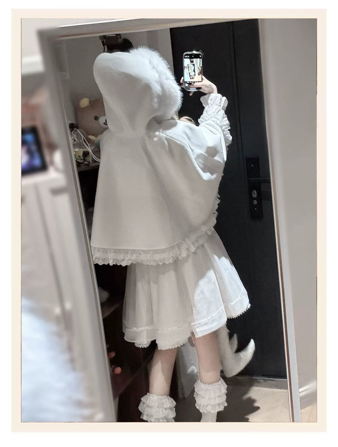 Jirai Kei Winter Cape, Lace Blouse, High-Waist Skirt 44199:808480