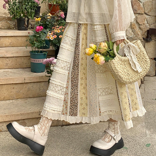Mory Kei Skirt Cottagecore Skirt Vintage Floral Skirt (Floral / L M S) 36128:514726