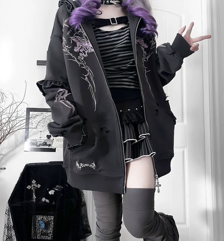 Punk Hooded Jacket, Ripped Details & Horse Embroidery 45939:871238