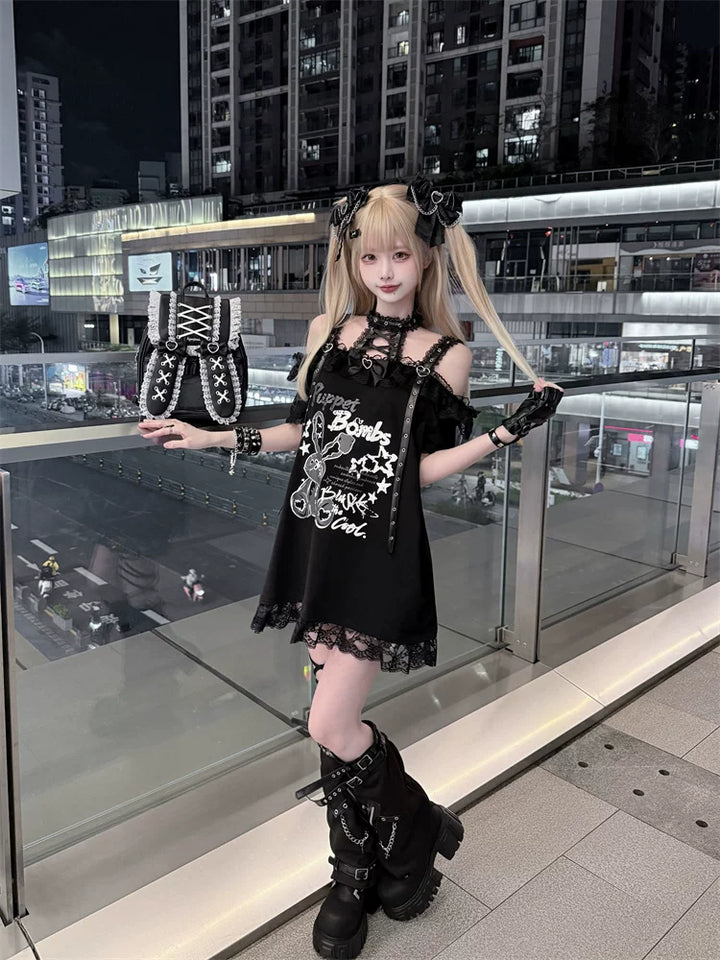 Halter Neck Punk Bunny Print T-shirt, Layered Star Skirt 45361:851451