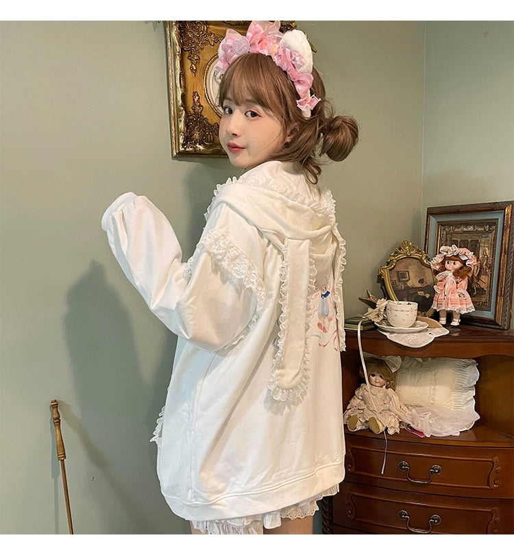 Fairy Kei Bunny Ears Hoodie Lace Coat Multicolor (White) 22654:345400