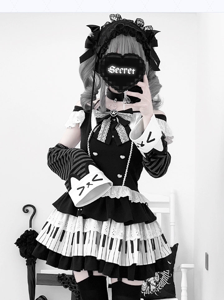 Halter Neck Kawaii Skirt Set, Cat and Piano Print 43577:780189