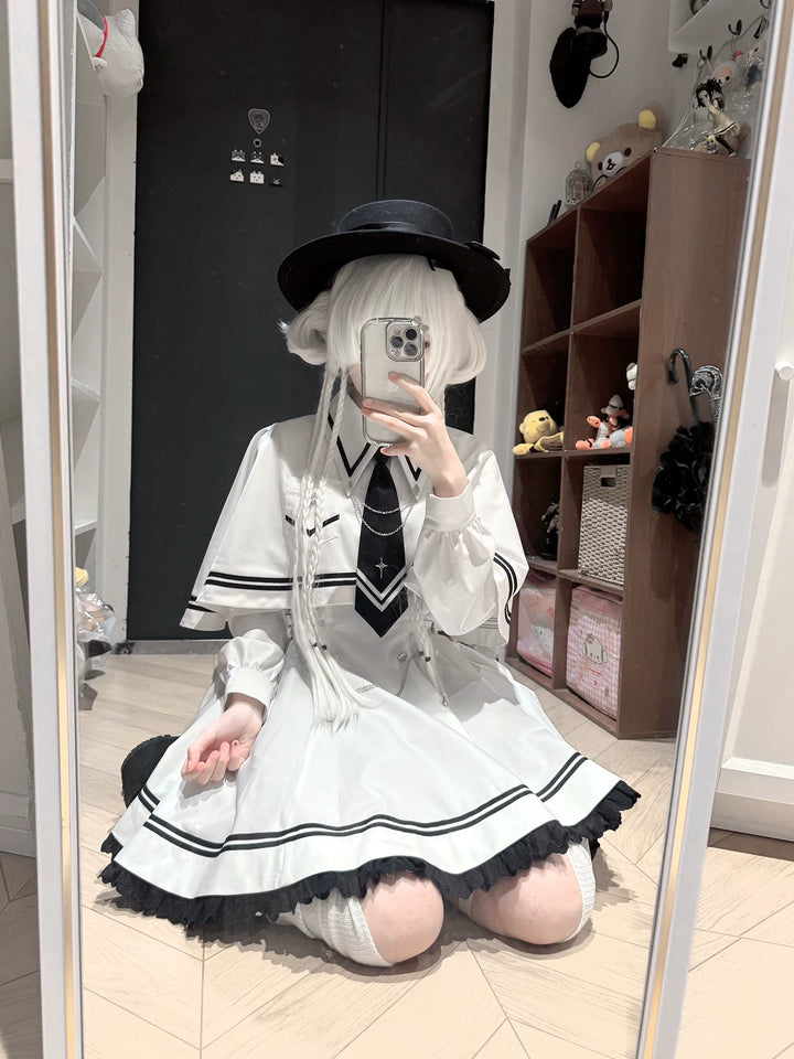 Sailor-Inspired Long Sleeve Dress Set, Detachable Cape 44557:815988