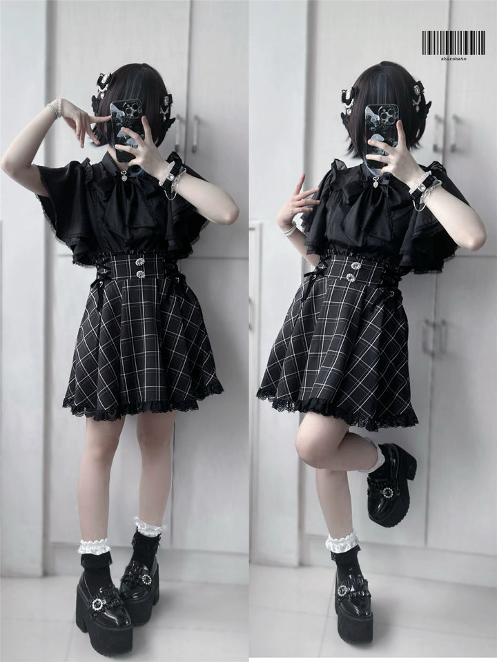 Ruffled Cape Sleeves Jirai Kei Blouse With Heart Pearl Buttons 43036:762551