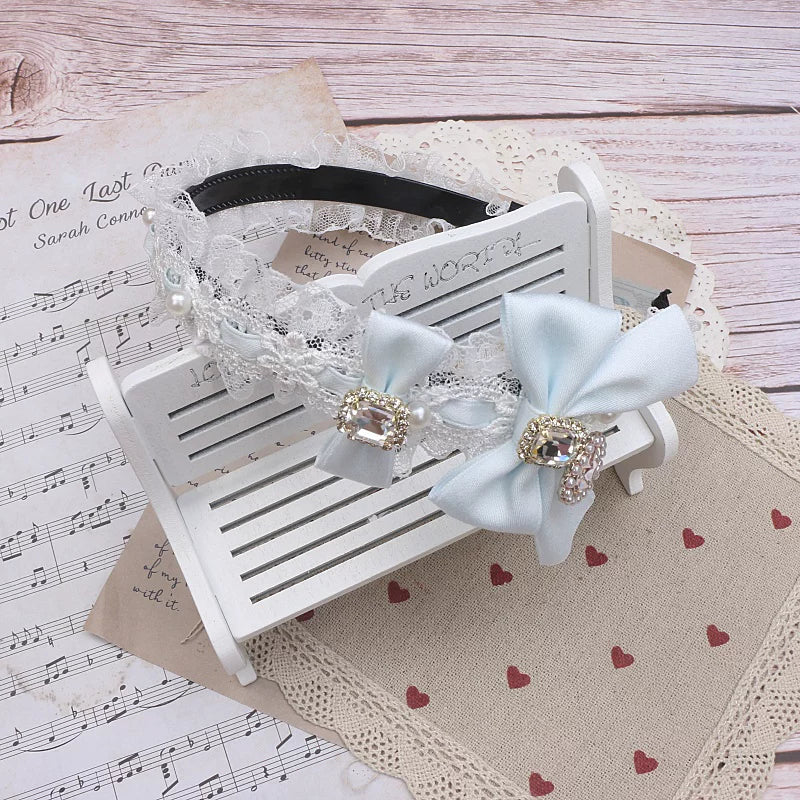 Jirai Kei Lace & Ribbon Headband, Heart-Shaped Rhinestone 45076:837737