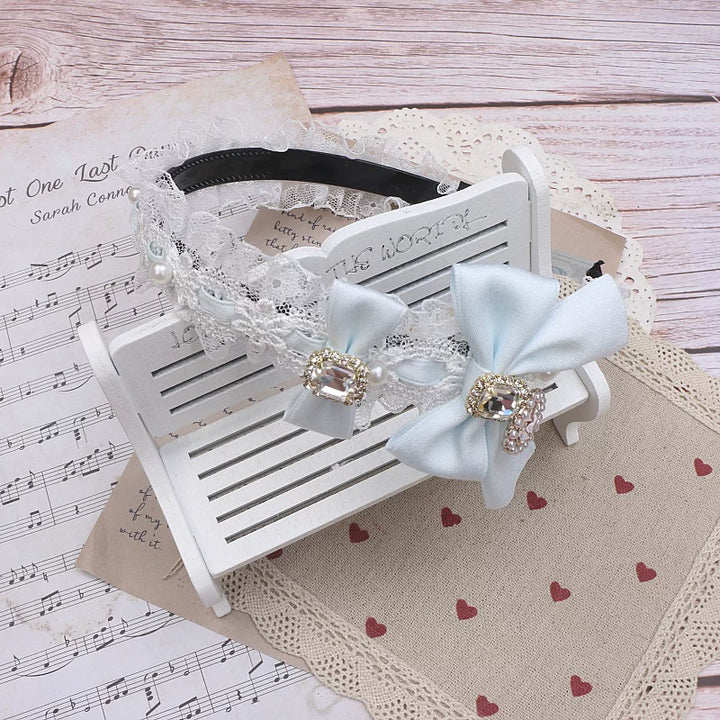 Jirai Kei Lace & Ribbon Headband, Heart-Shaped Rhinestone 45076:837737