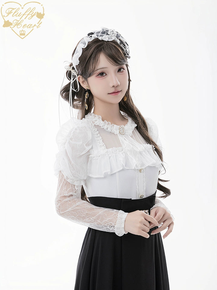 Lace-sleeves Jirai Kei Blouse & Voile Skirt With Detachable Belt (2XL L M S XL) 42954:758894