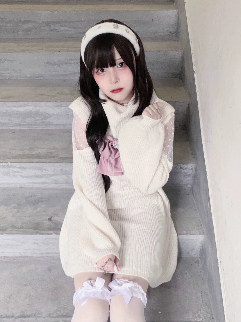 Jirai Kei White Sweater Dress Off-Shoulder Lace Dress 31844:372130
