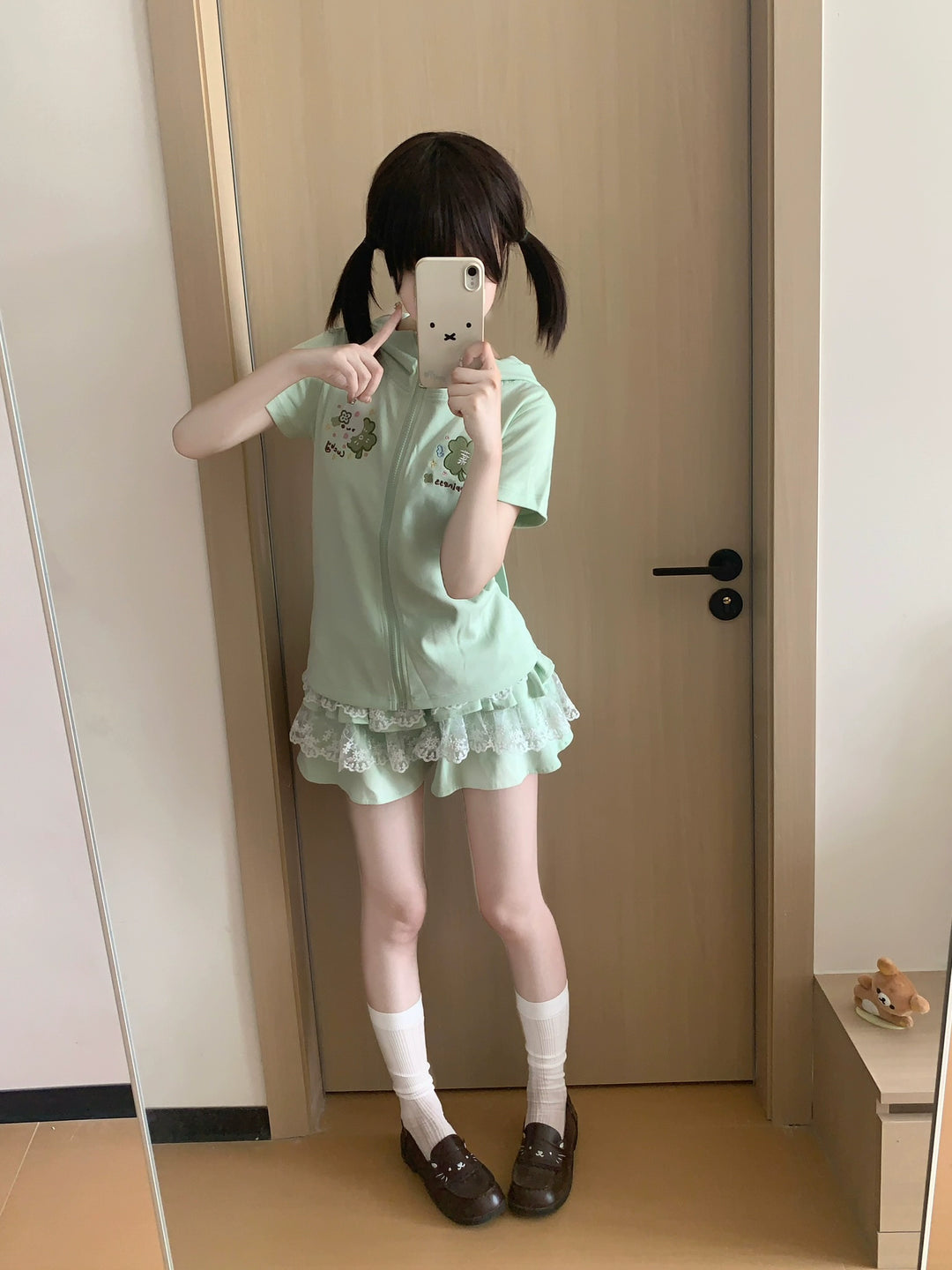 Bunny Eared Kawaii Outfit, Zip-Up Sweatshirt + Lace Skirt 43558:779759