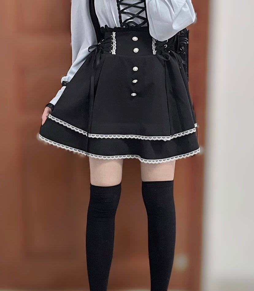 Jirai Kei Pearl Lace Up Butterfly Bow Black Skirt 21738:311022