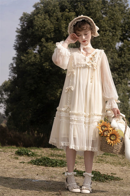 Sunflower Daily Lolita Dress Mori Kei Dress Long Sleeve Dress 36478:552292