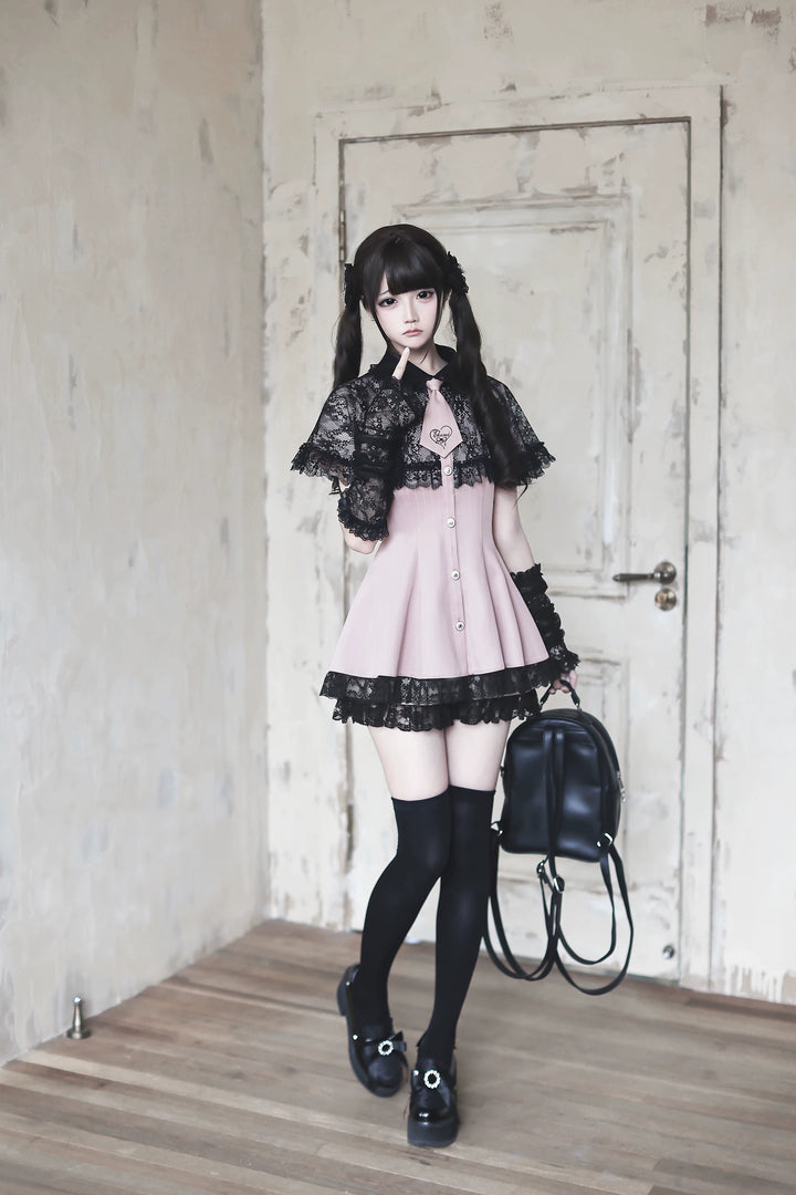 Pink Ryousangata Striped Dress, Lace Neckline and Hem 45453:854886