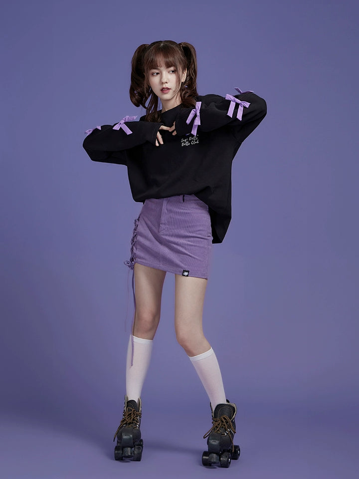 Jirai Kei Sweatshirt Purple Black Bow Rose Pullover Sweatshirt 32452:422554 32452:422554