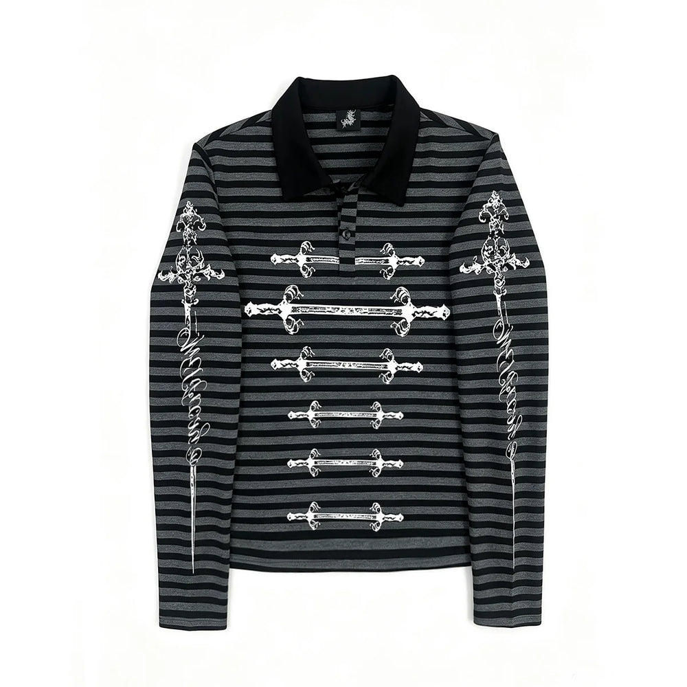 Gothic Striped Long Sleeve Polo Shirt, Carved Swords Print (L M XL) 46067:874789