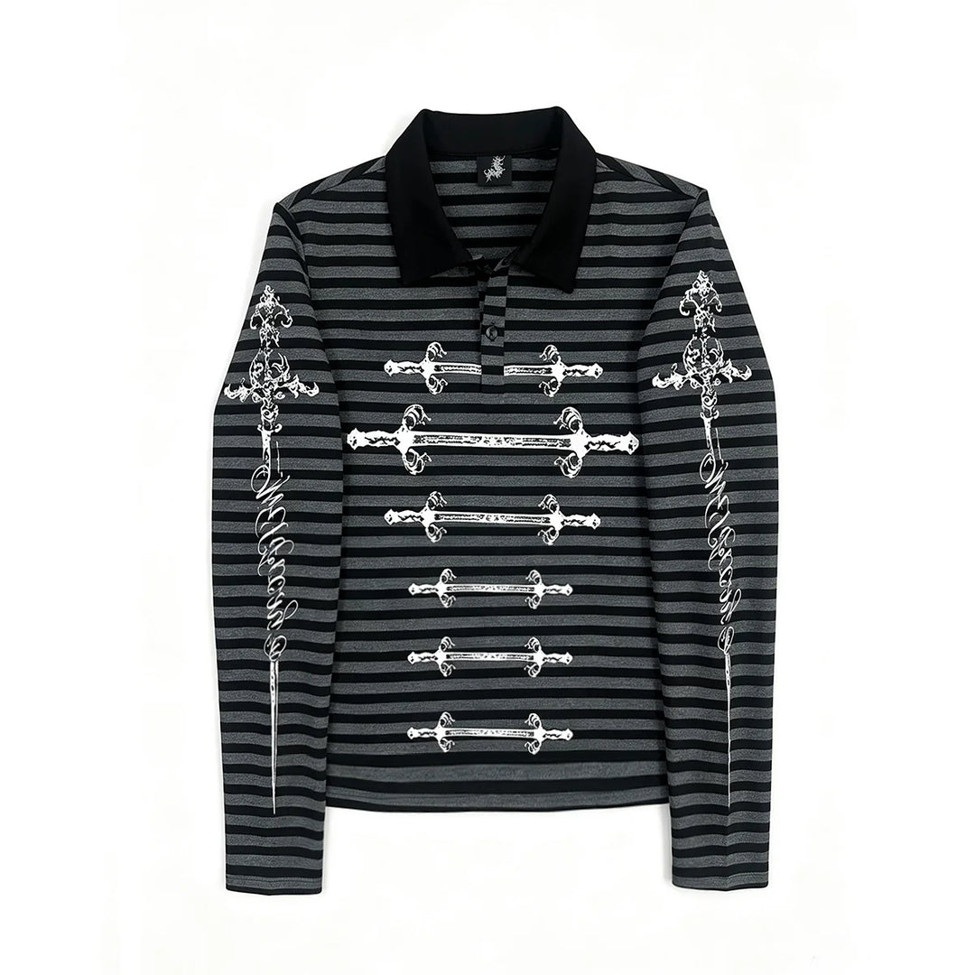 Gothic Striped Long Sleeve Polo Shirt, Carved Swords Print (L M XL) 46067:874789