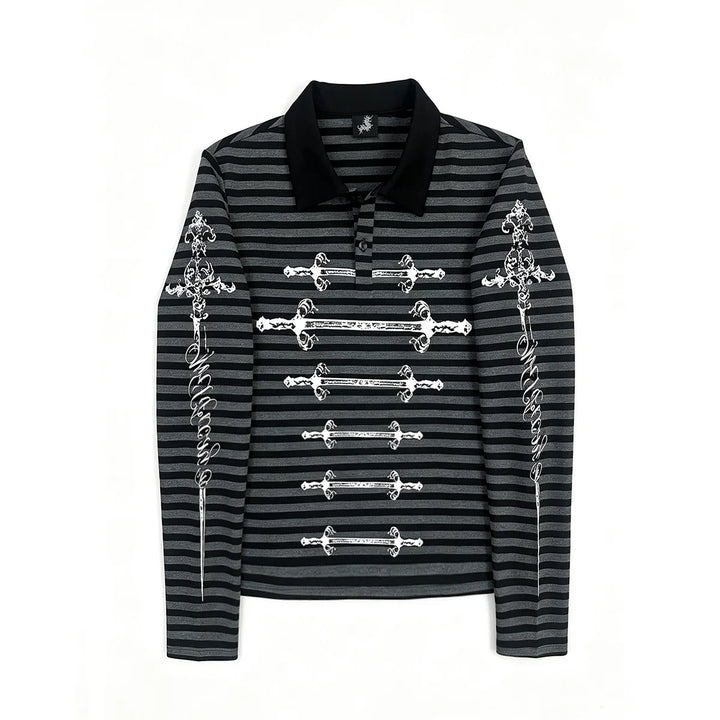 Gothic Striped Long Sleeve Polo Shirt, Carved Swords Print (L M XL) 46067:874789