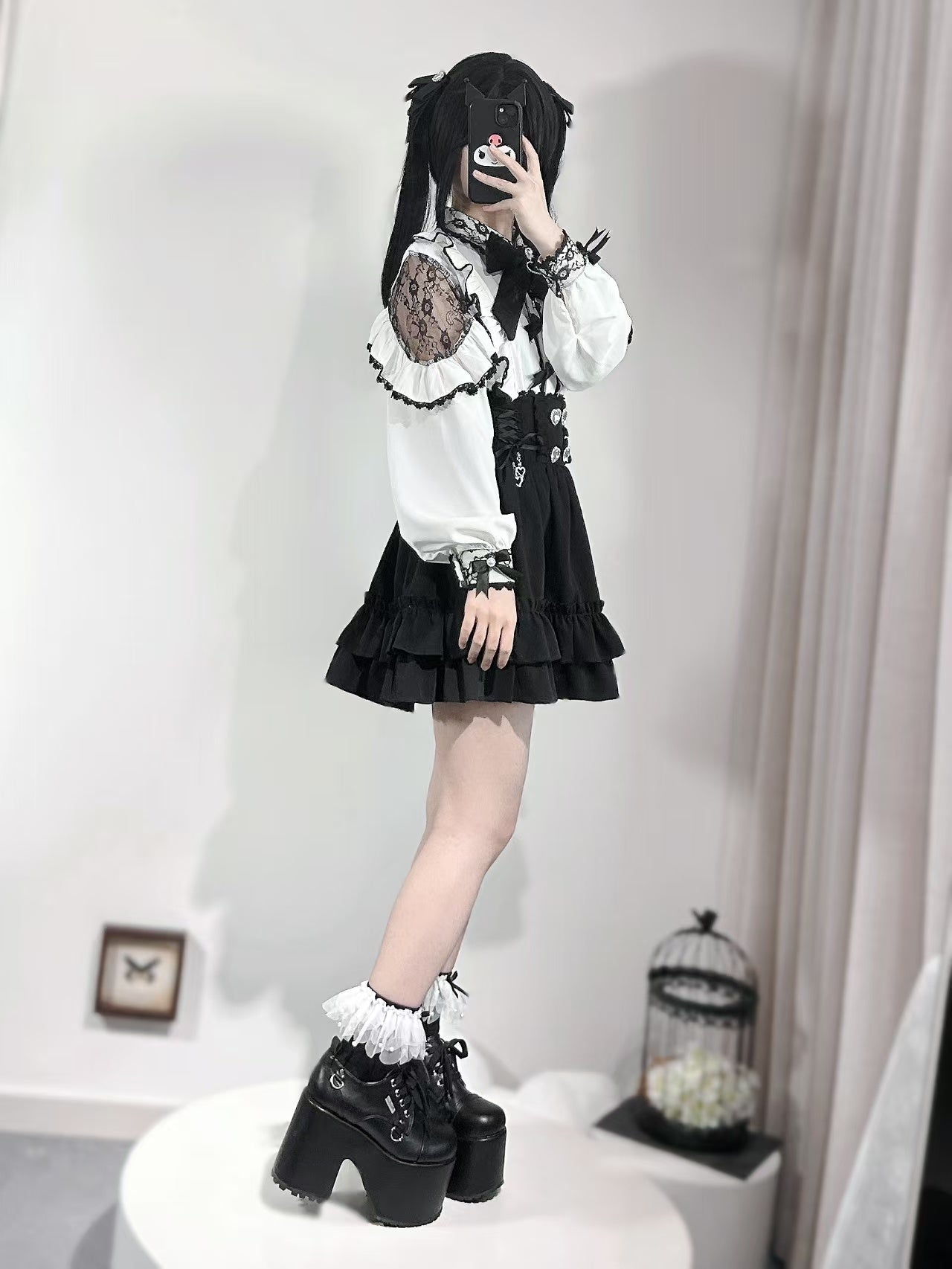 Jirai Kei White Blouse With Lace Open Shoulder & Long Sleeves