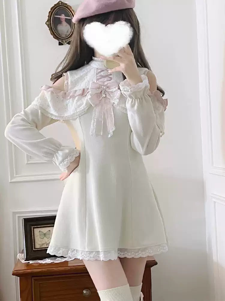 Jirai Kei Dress White Open-Shoulder Dress Lace Slim Dress (L M S / Apricot) 41554:703650