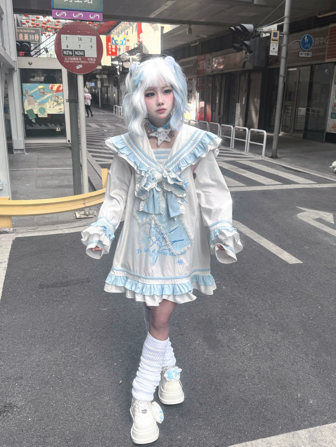 Yami Kawaii Blue White Dress with Sailor Collar & Cross Spiderweb Print 42855:758668