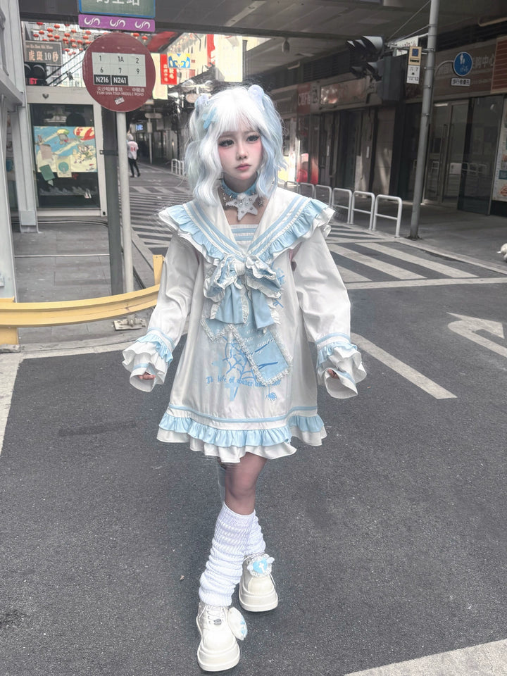 Yami Kawaii Blue White Dress with Sailor Collar & Cross Spiderweb Print 42855:758668