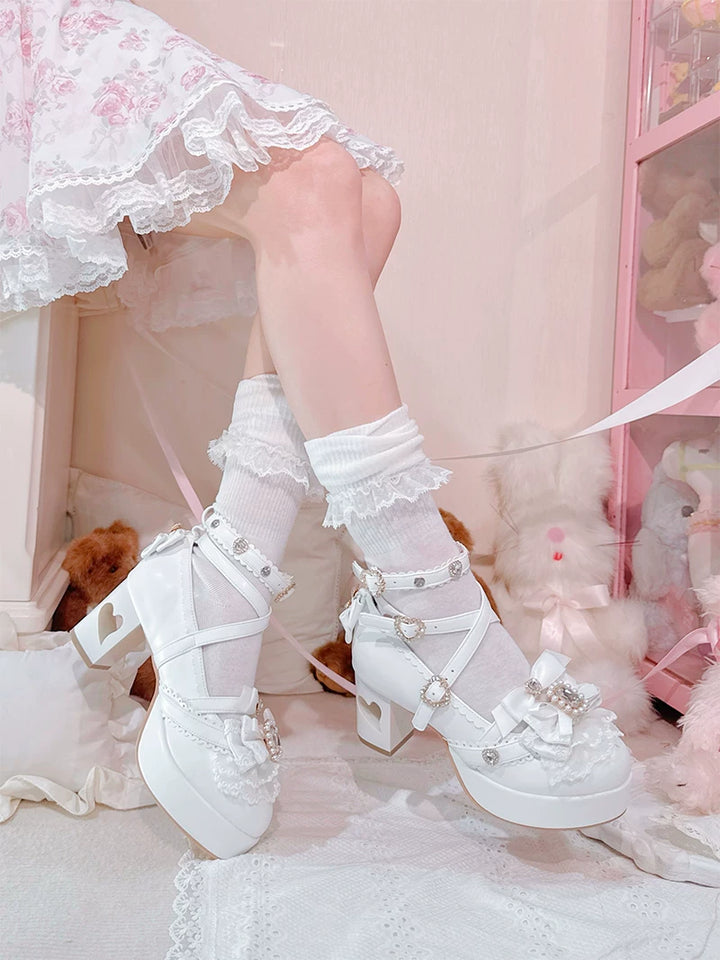 Jirai Kei Rhinestone Heeled Shoes, Heart Cutout Heel 45839:866661